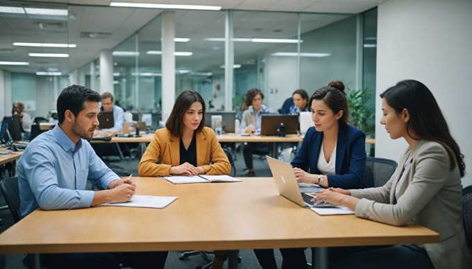 A diverse group of professionals collaborating in a bright, modern office space, with colorful casual clothing and engaging expressions.