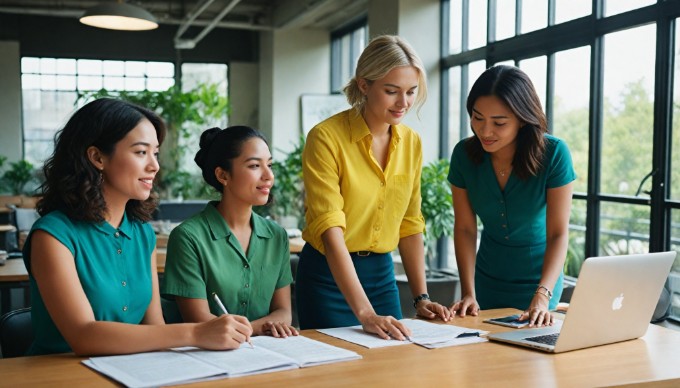 A diverse group of professionals collaborating in a modern office space, with colorful clothing and a lively atmosphere.