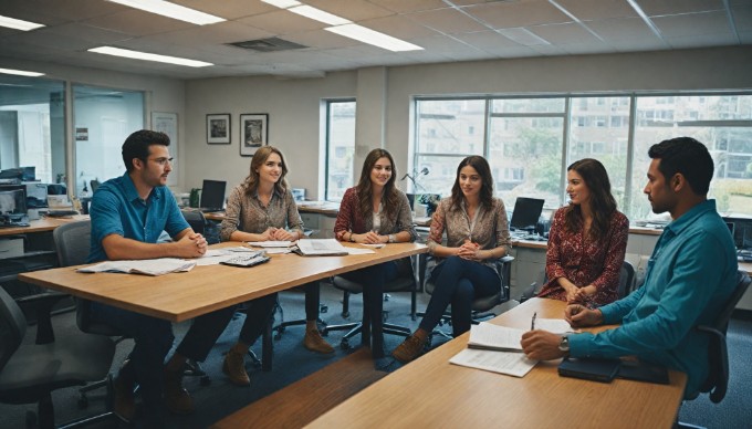 A diverse group of professionals collaborating in a modern office space, discussing ideas with colorful clothing and casual attire.