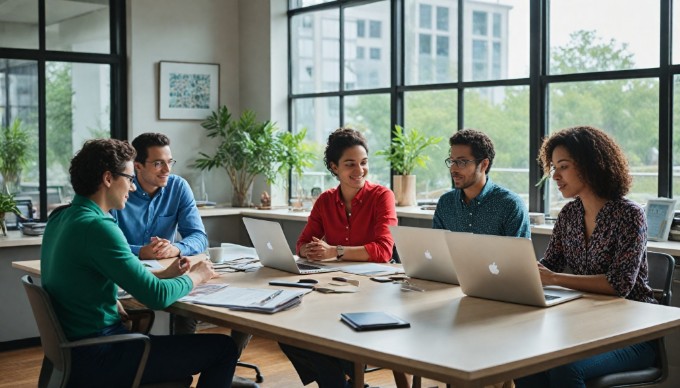 A diverse group of professionals collaborating in a modern office setting, with colorful clothing and engaged in a discussion.