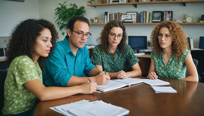 A diverse group of professionals collaborating around a modern office table, with colorful clothing and laptops open.