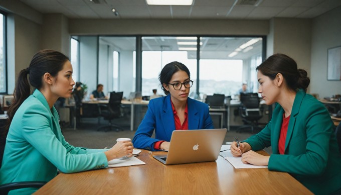 A diverse group of professionals collaborating in a bright and modern office space, with colorful clothing and laptops open on a table.