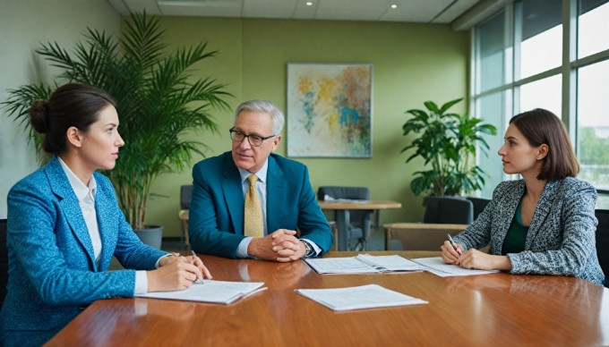 A diverse group of professionals collaborating in a modern office setting with colorful clothing.