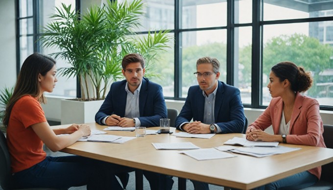 A diverse group of professionals collaborating in a modern office space, with colorful clothing and a focus on teamwork.