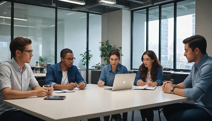 A diverse group of professionals collaborating in a modern office space, with colorful clothing and a casual atmosphere.