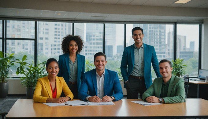 A diverse group of professionals collaborating in a modern office space, surrounded by colorful decor and plants.