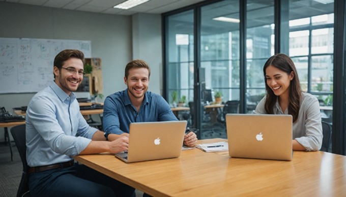 A group of diverse software developers collaborating on a project in a modern office setting, discussing ideas over a laptop.