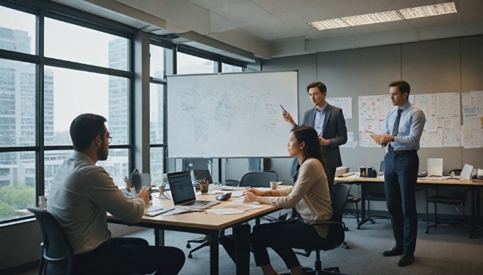 A diverse team collaborating over agile project planning in a modern office.