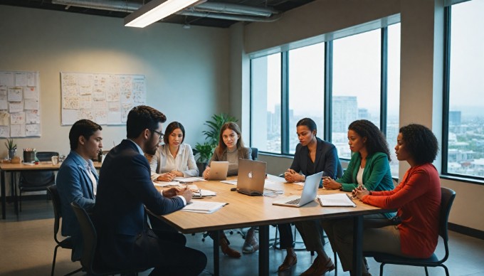 A diverse group of professionals collaborating in a bright modern office space, with colorful clothing and a casual atmosphere.