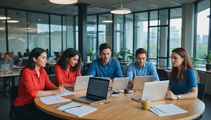 A diverse group of professionals collaborating in a modern office space, showcasing teamwork and creativity.