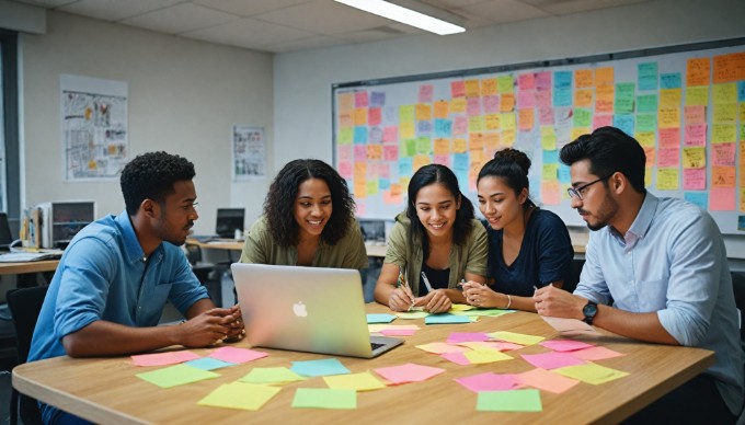 A diverse group of professionals collaborating in a bright, modern office space, discussing ideas over a laptop with colorful sticky notes scattered on the table.