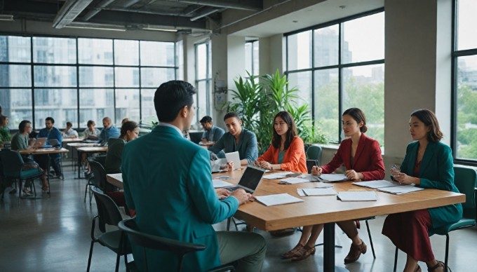 Diverse team collaborating in a modern office