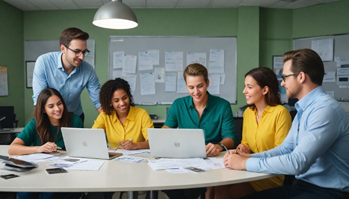 A diverse group of professionals collaborating in a modern office space, discussing ideas with colorful clothing.