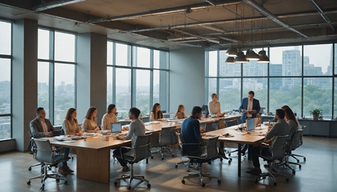 A diverse group of professionals collaborating in a modern office space, with colorful clothing and a casual atmosphere.