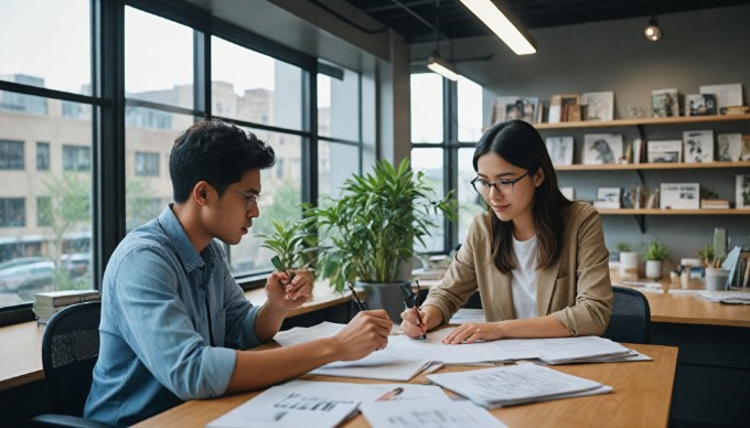 A diverse team collaborating on a design project at a modern office workspace.