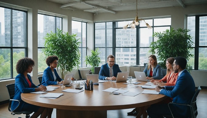 A diverse group of professionals collaborating in a modern office space, with vibrant clothing and a friendly atmosphere.