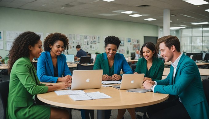 A diverse group of professionals collaborating in a modern office space, with colorful clothing and a bright atmosphere.