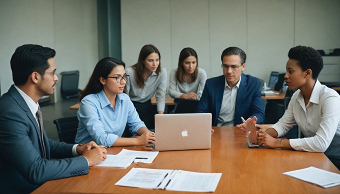 A diverse group of professionals collaborating in a modern office space, with colorful clothing and a bright atmosphere.