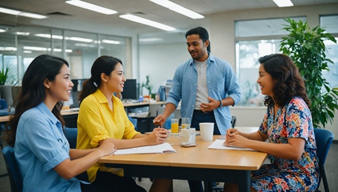 A diverse group of professionals collaborating in a modern office space, discussing ideas around a table with laptops and documents.