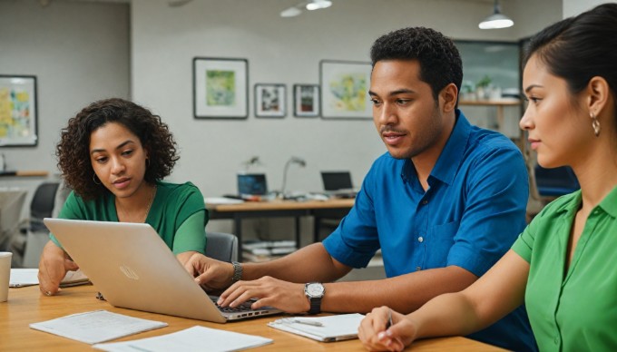 A diverse group of professionals collaborating in a modern office space, with vibrant clothing and a bright atmosphere.