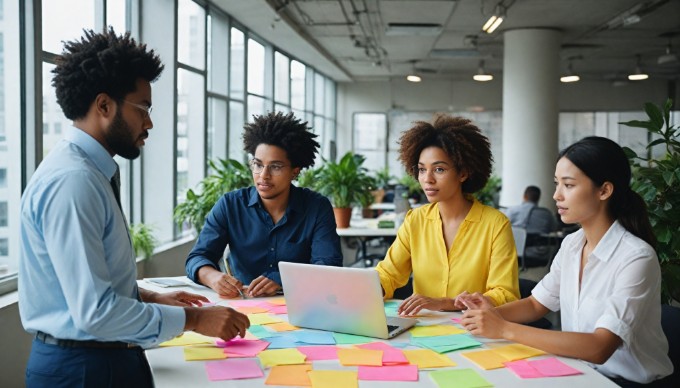 A diverse group of professionals collaborating in a modern office space, engaging in a brainstorming session with colorful sticky notes and laptops.