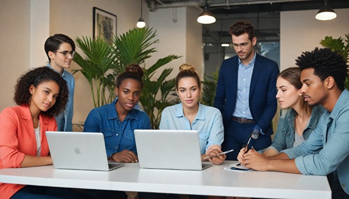 A diverse group of professionals collaborating in a modern office space, discussing over a laptop.