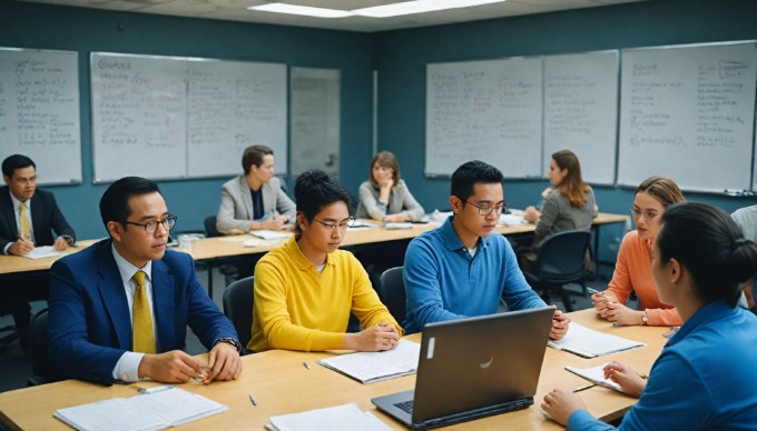 A diverse group of professionals collaborating in a modern office setting, with a focus on teamwork and creativity. One person wearing a bright yellow shirt, another in a casual blue sweater, and a third in a stylish blazer.