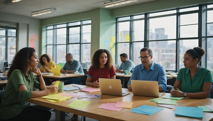 A diverse group of professionals collaborating in a modern office space, discussing ideas around a table with laptops and notes.