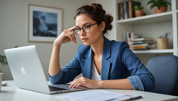 A professional individual working on a laptop in a modern office setting, representing the flexibility and user-friendly nature of Umbraco HQ's content management system.