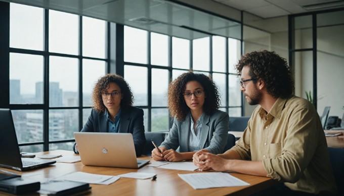 A diverse group of professionals collaborating in a modern office setting, discussing ideas around a table with laptops and notepads.