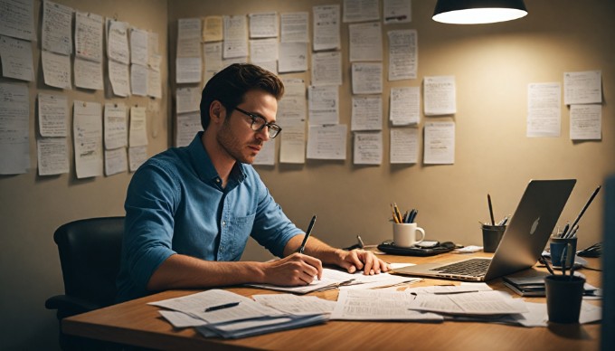 A professional setting with a person sitting at a desk, focused on their laptop screen while exploring Magento 2 extension installation guides.