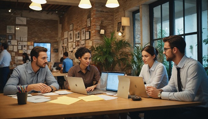 A diverse group of professionals collaborating around a computer, showcasing teamwork and innovation in web development with Umbraco HQ.