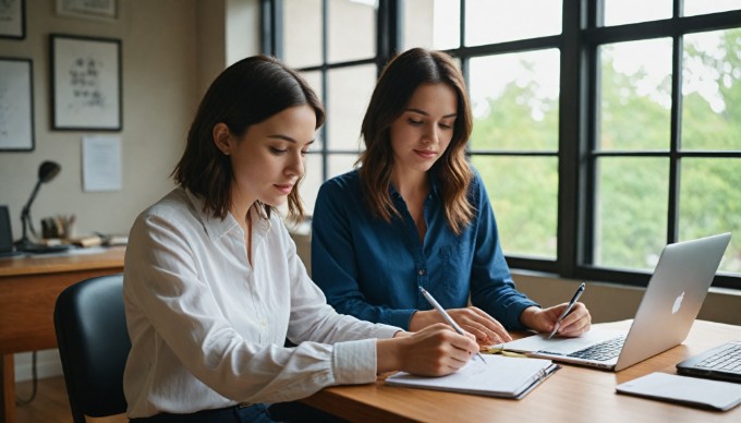 A professional setting showing two people collaborating over a laptop while discussing ecommerce strategies.