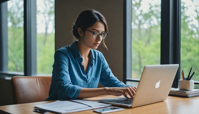 A professional setting with a person analyzing e-commerce data on a laptop.