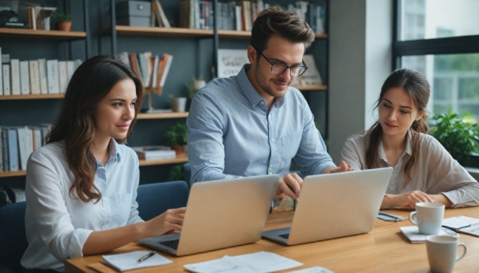 A professional setting with two people discussing eCommerce strategies at a desk with a laptop, notepad, and coffee cups, surrounded by bookshelves filled with business literature.