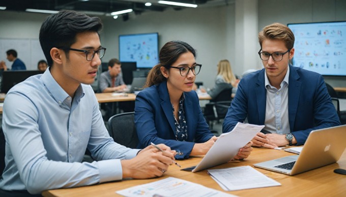 A professional team discussing eCommerce strategies around a modern conference table.