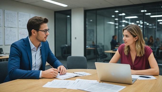 A professional setting with two people discussing eCommerce strategies over a laptop in a modern office.