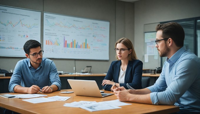 A professional setting showing a diverse team collaborating on e-commerce strategies using laptops and notepads.