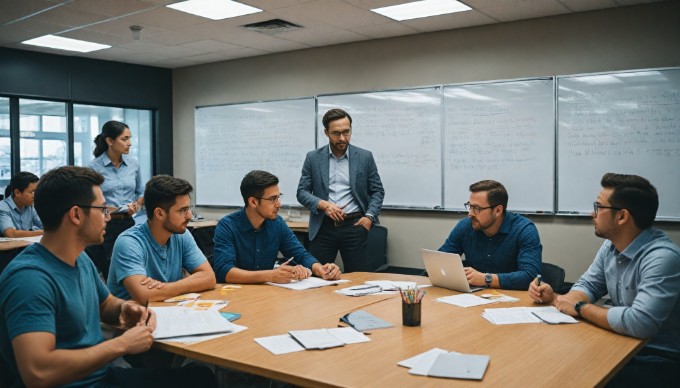 A team of software engineers collaborating over a project on a whiteboard in a tech office.