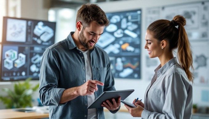 Engineers collaborating on generative design in a high-tech workspace.