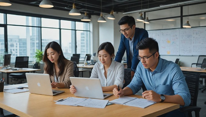 A professional setting with two diverse individuals collaborating over a laptop, analyzing data with focused expressions.