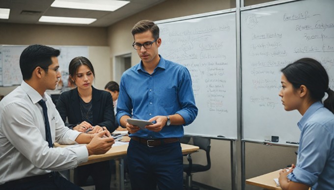 A diverse group of professionals collaborating over an entity relationship diagram on a whiteboard in a modern office.