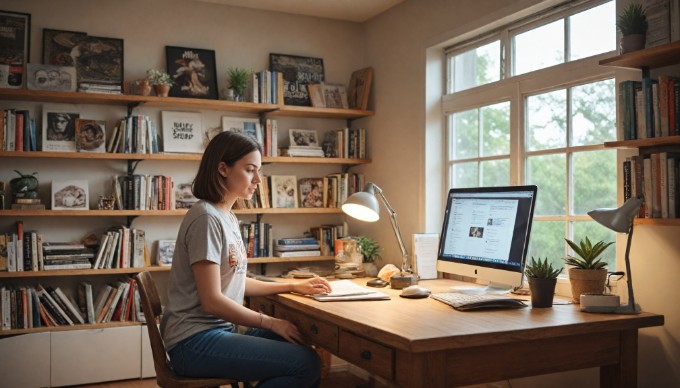 An individual evaluating Magento plugins on a computer in a cozy workspace.