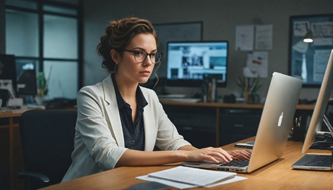 A professional woman working on a laptop in a modern office setting, symbolizing the use of a net content management system.