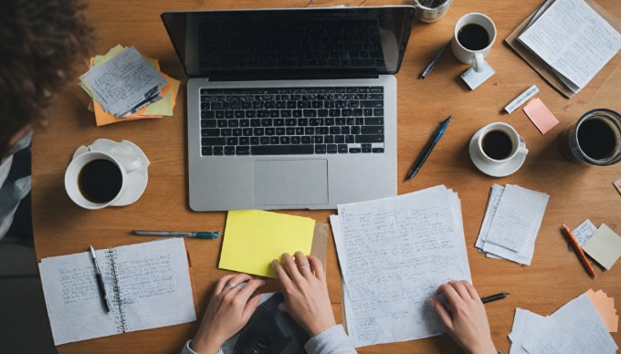 A person sitting at a desk, focused on their laptop while reviewing Magento installation documentation, with a modern workspace in the background.