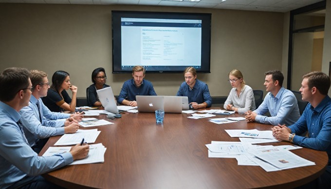 A team meeting discussing the features and benefits of ASP.NET CMS solutions in a bright, modern office environment.