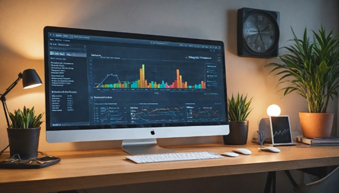 A close-up view of a computer screen displaying a Magento dashboard, with performance analytics and optimization tools visible, surrounded by a cozy workspace.