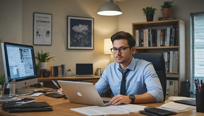 A professional person working on a laptop in a modern office environment, surrounded by digital content management tools and frameworks.