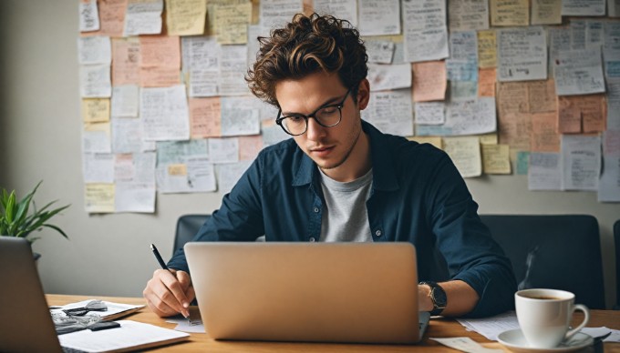 A developer working on a laptop in a modern office setting, focused on coding and web development using Umbraco CMS.