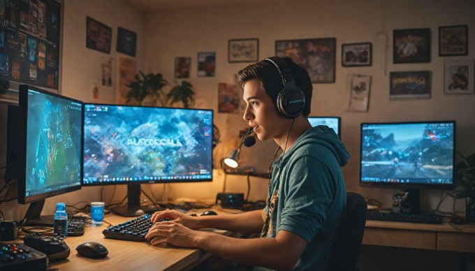 A gamer enjoying Android games on a large screen with an emulator setup in a cozy room.